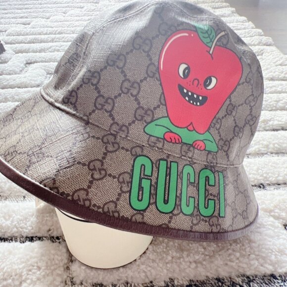 NEW Gucci Apple Supreme Logo Fedora Basket Hat Coated Canvas Beige Ebony Size S - Picture 5 of 14